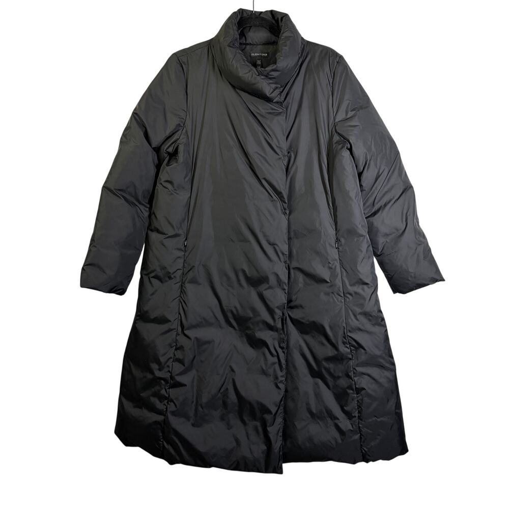 EILEEN FISHER Coat Medium Long Puffer Down Filled Funnel Neck Zip Side Pockets‎